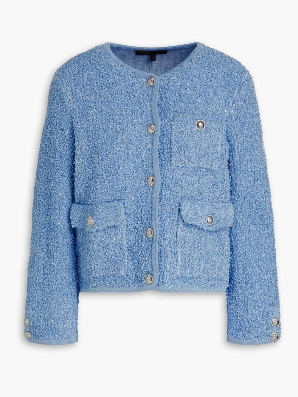 Maje Sequin-Embellished Tweed Cardigan - Light Blue Size 1 Small